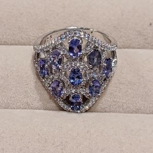 Tanzanite and white zircon cocktail ring. 925 sterling silver with rhodium
